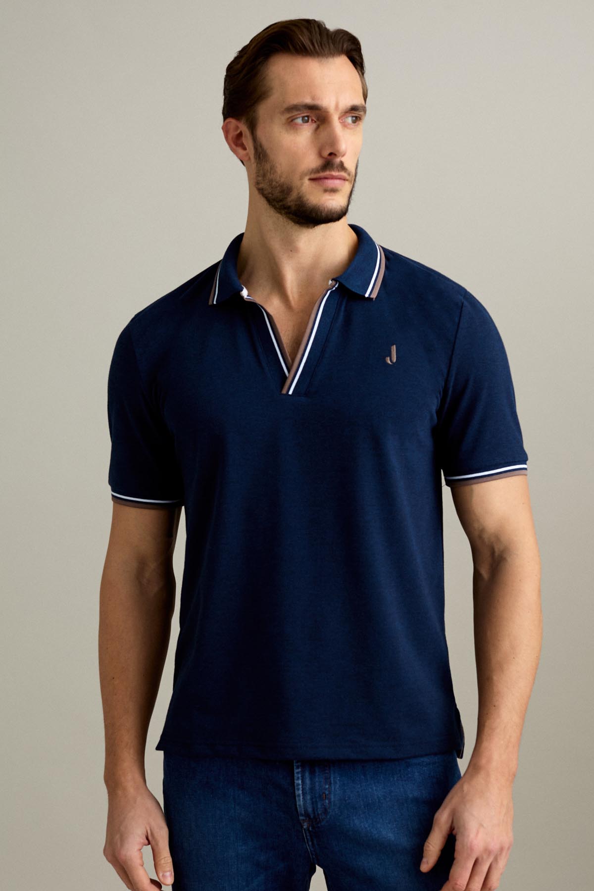 POLO - MANICA CORTA SCOLLO A V - PIQUET BLU MELANGE