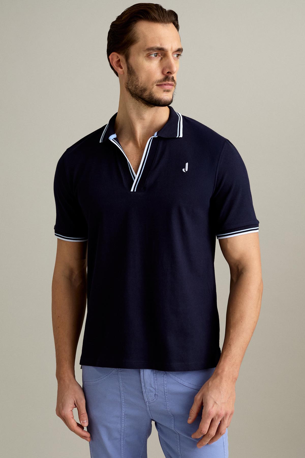 POLO - MANICA CORTA SCOLLO A V - PIQUET BLU SCURO