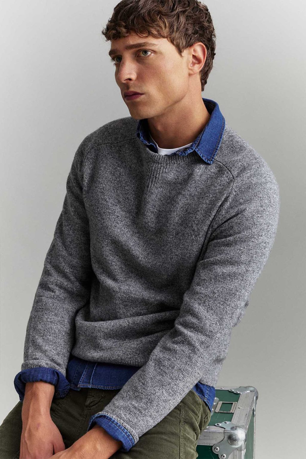 MAGLIONE - GIROCOLLO RAGLAN - LANA GRIGIO MELANGE