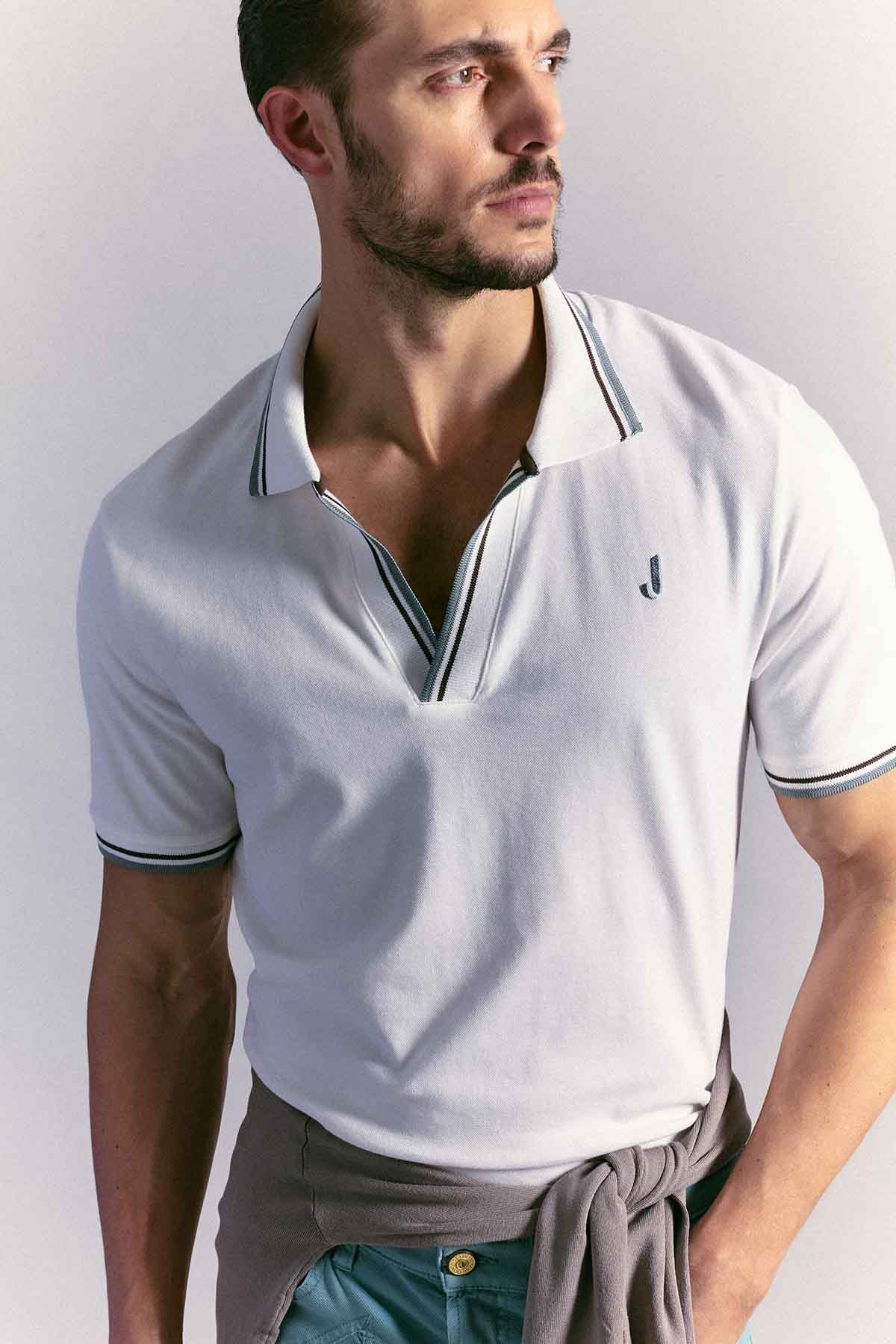 POLO - MANICA CORTA SCOLLO A V - PIQUET BIANCO LANA